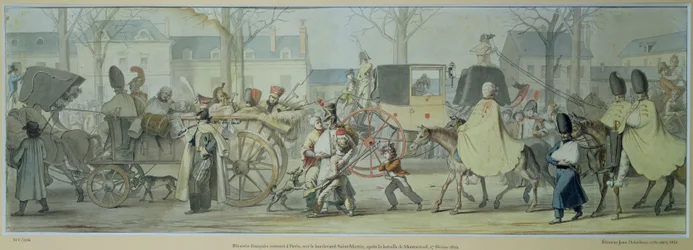 Verwundete französische Soldaten betreten Paris auf dem Boulevard Saint-Martin nach der Schlacht von Montmirail, 17. Februar 1814